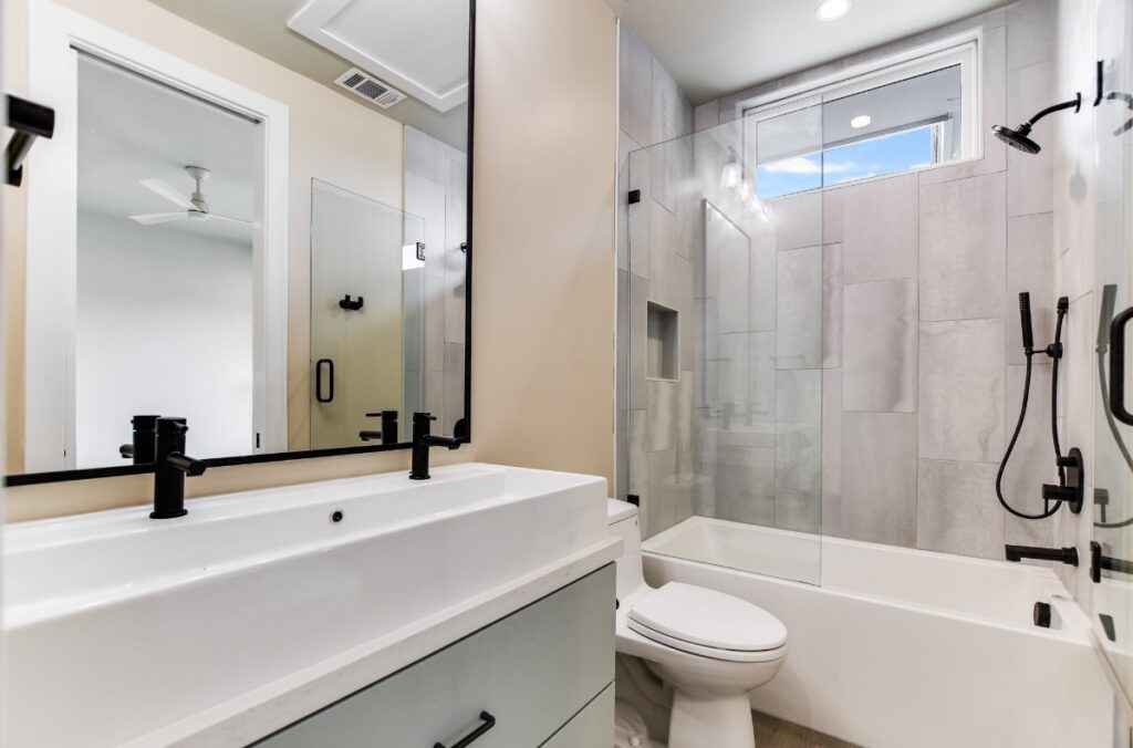 Contemporary bathroom with walk-in shower in Austin ADU