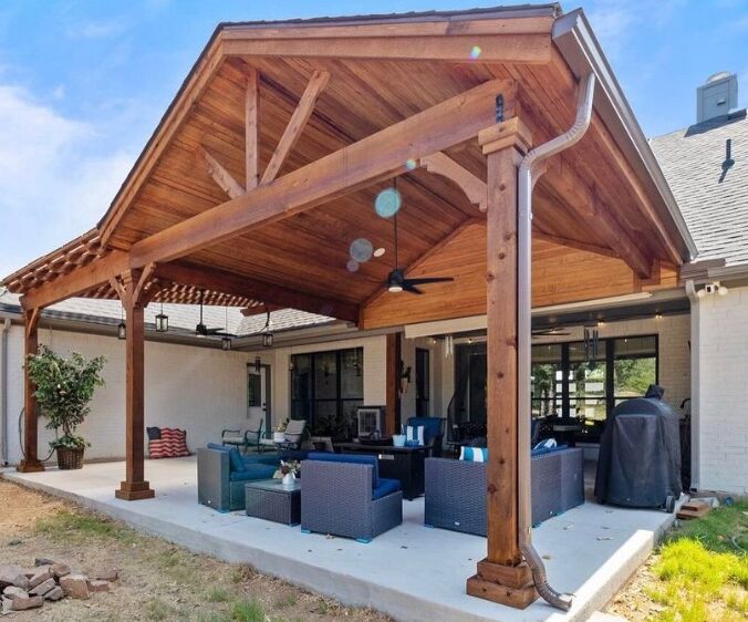 Cedar timber framed covered patio creating a spacious outdoor living area.