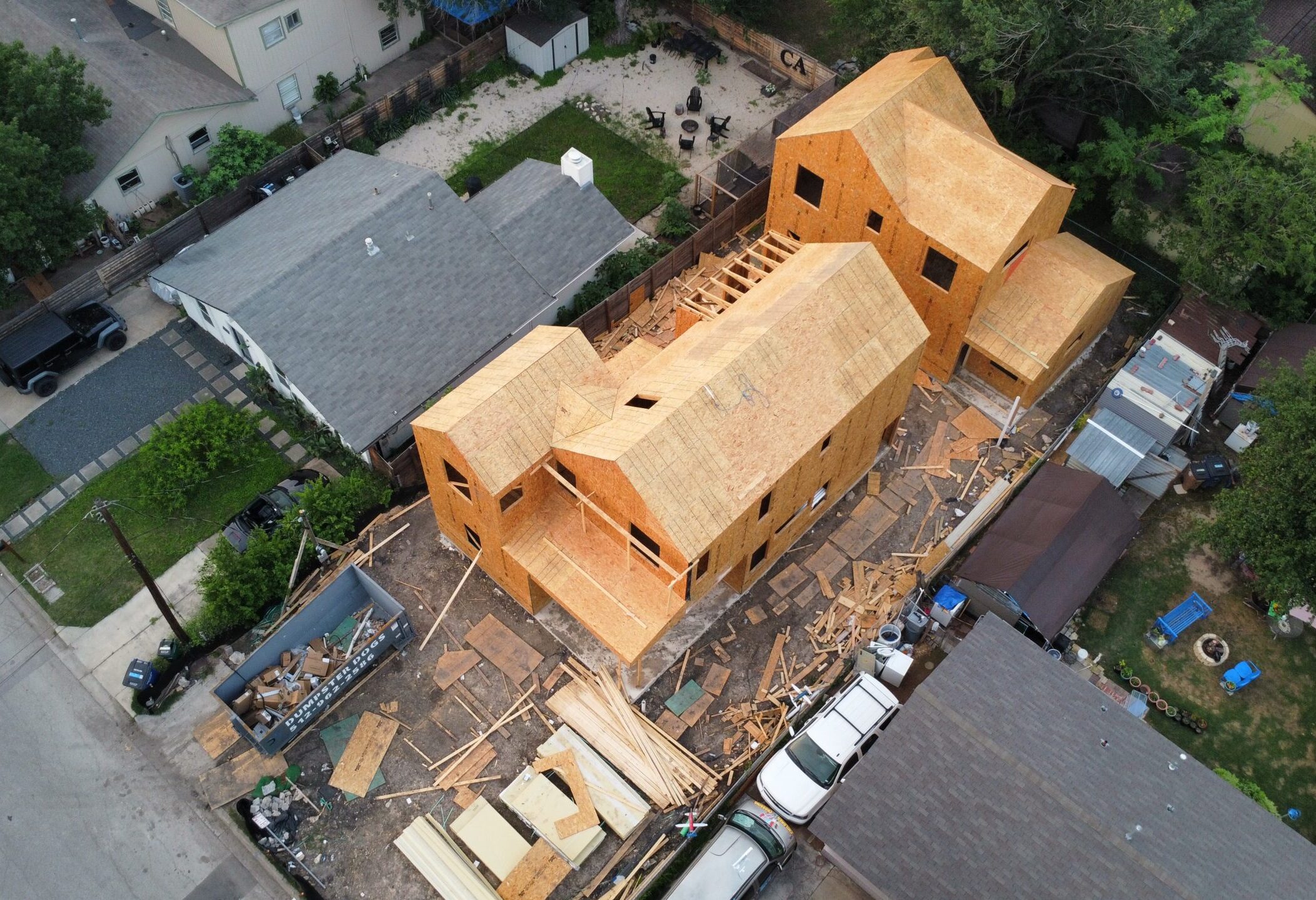Roof framing installation for a custom home in Austin, Texas